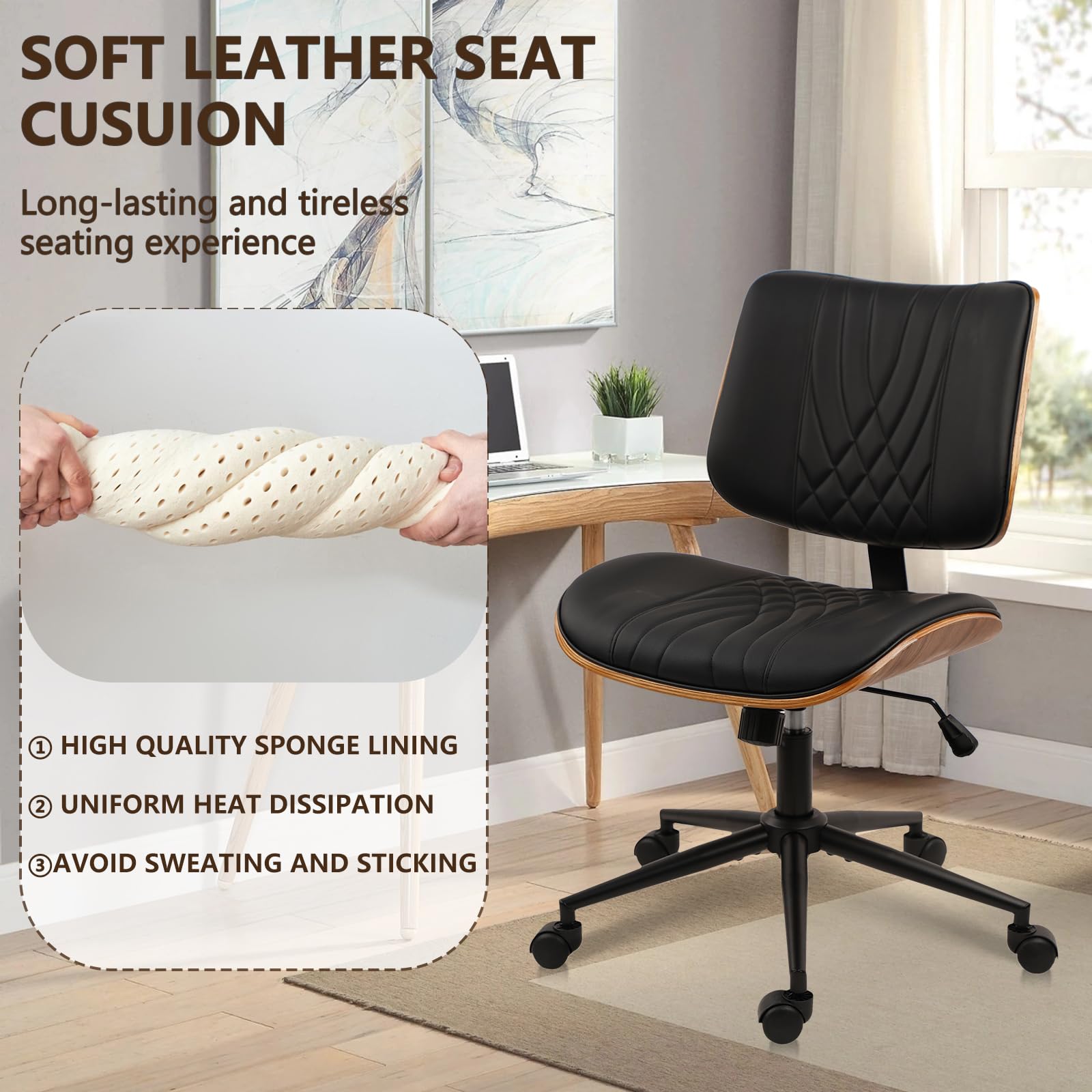4Pack, Armless Home Office Chair, Desk Chair with Wheels, Adjustable Height Reading Chair, Leather Mid Back & Swivel Computer, Modern Walnut Chairs with Back for Study Meeting Room(Black)