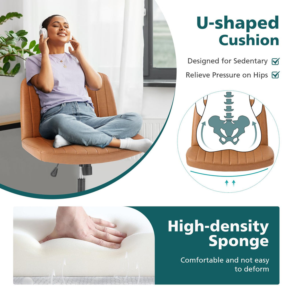 Criss Cross Chair with Wheels Wide Cross Legged Office Desk Vanity Chair Comfy Fabric Armless Adjustable Swivel for Home Computer Task PU Brown