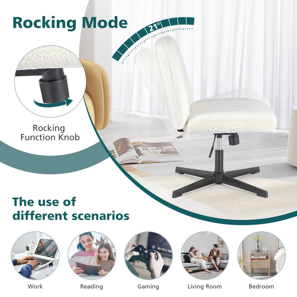 Criss Cross Chairs Legged Armless No Wheels Wide Seat Height Adjustable Swivel Rolling Padded Furry Cute Home Office Desk Seating for Bedroom, Student, Study Room