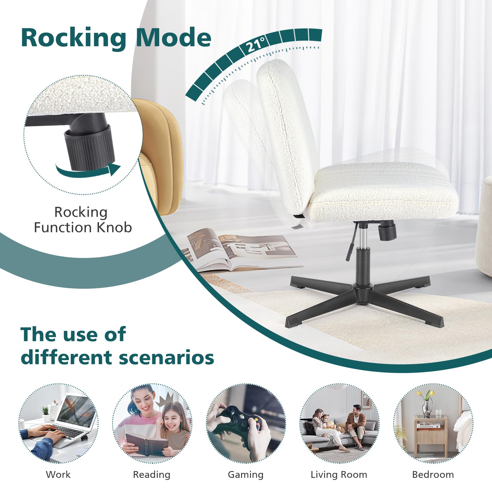 Criss Cross Chairs Legged Armless No Wheels Wide Seat Height Adjustable Swivel Rolling Padded Furry Cute Home Office Desk Seating for Bedroom, Student, Study Room