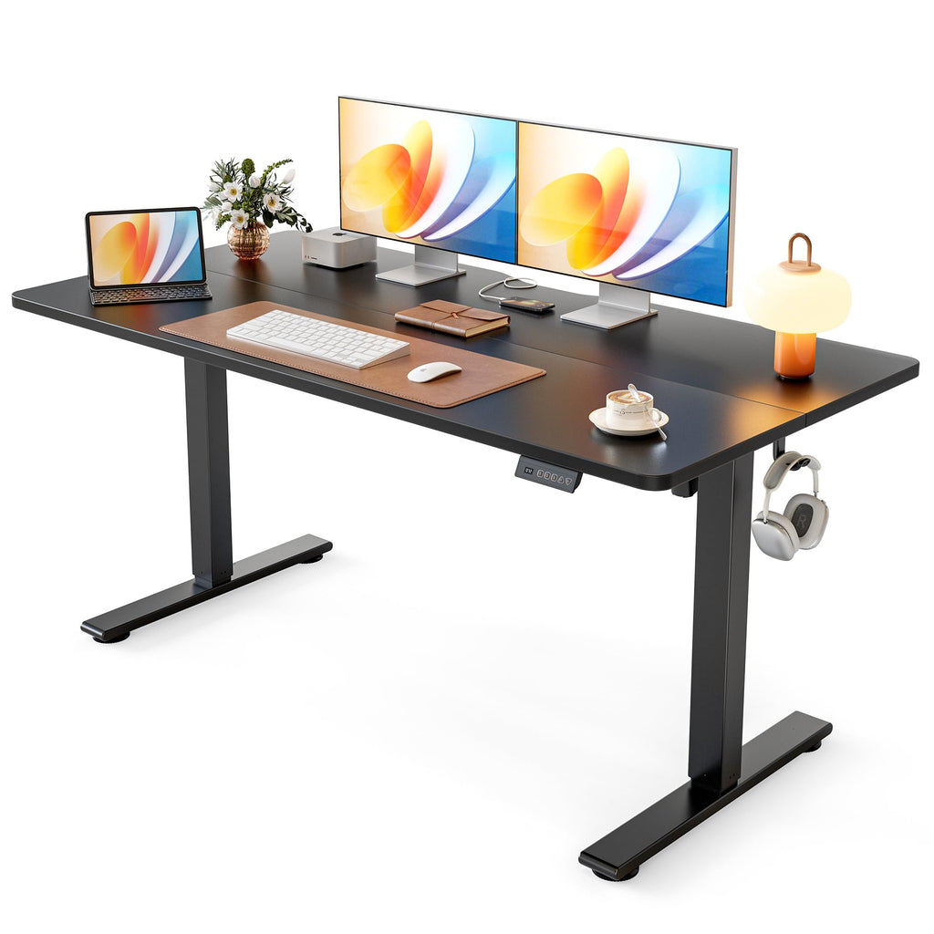 Standing Desk, 55x28 Inches Sit Stand Home Office Desk, Electric Stand up Desk, Adjustable Desk with Splice Board, Black Frame/Black Top