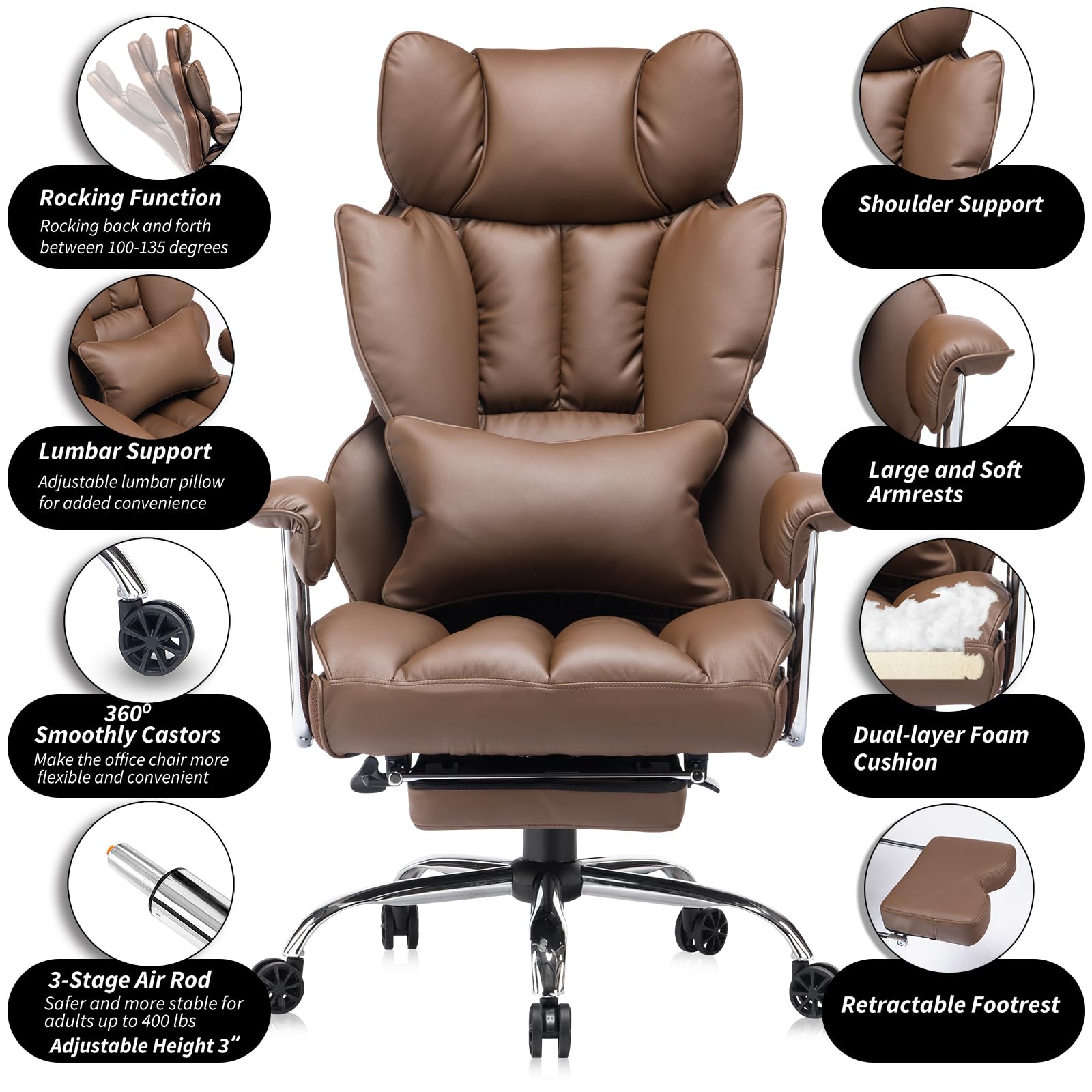 Big and Tall Office Chair 400lbs – High Back Executive Chair with Swivel Base, PU Leather Upholstery, Lumbar Pillow, Padded Armrests, and Rolling Wheels，Brown Computer Chair