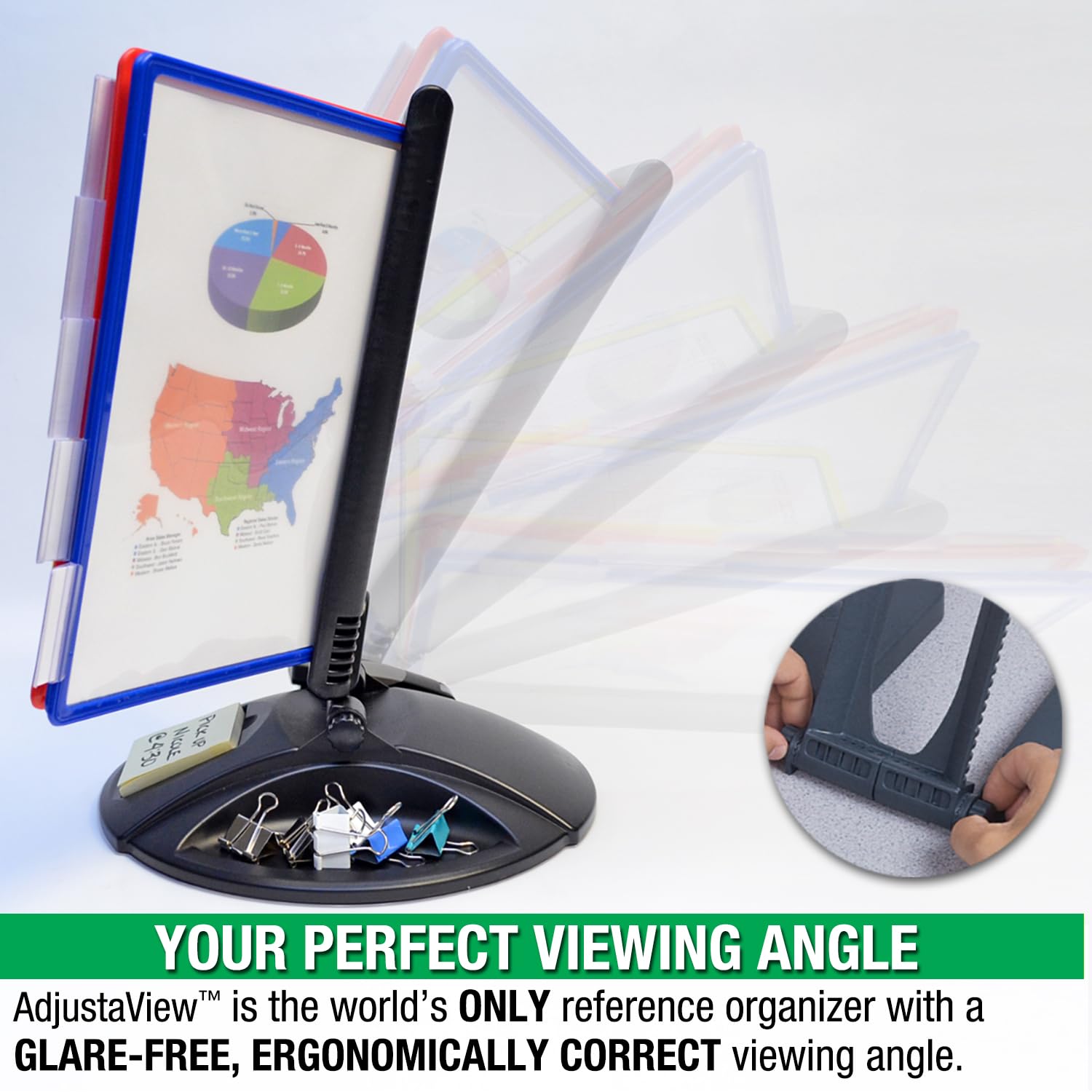 Adjustable View 10-Pocket Desk Reference Organizer with Supplies Storage Base and EZ-LOAD Pockets to Hold 20 Sheets of Paper, Includes Fast Find Indexing Tabs (Colored Pockets)