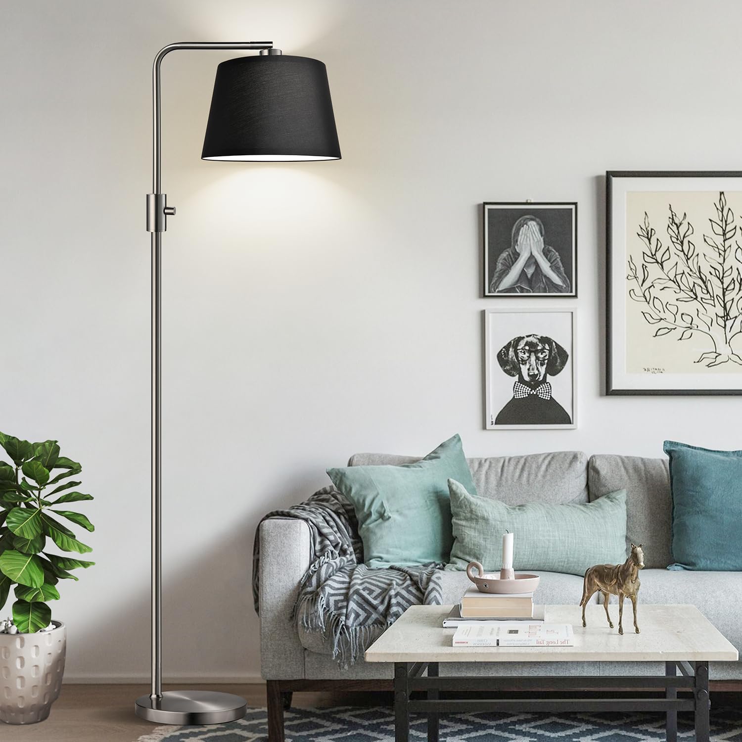 Floor Lamp, 1000 Lumens LED Edison Bulb Included, Brushed Nickel Arc Floor Lamps Modern Standing Lamp with Black Shade, Tall Lamps for Living Room Bedroom office