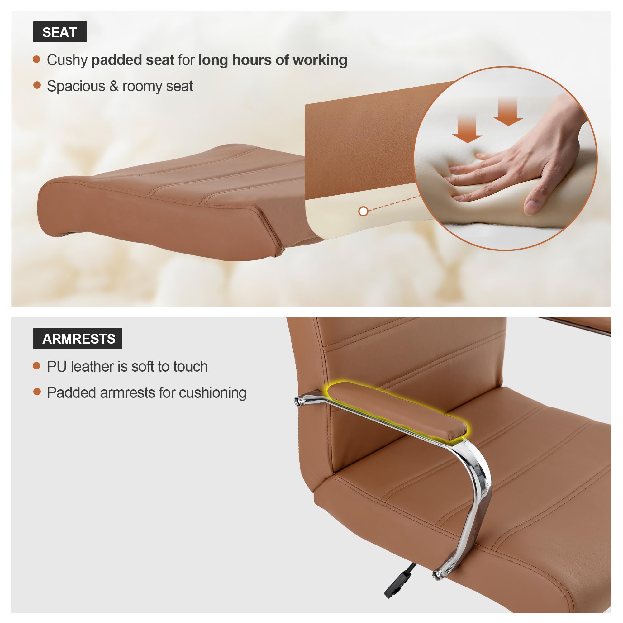 Modern Office Desk Chair, Conference Room Chairs, High Back Ergonomic Home ofiice Chair, Adjustable Height Swivel Executive Computer Chair with Padded Seat and Armrest (Brown)
