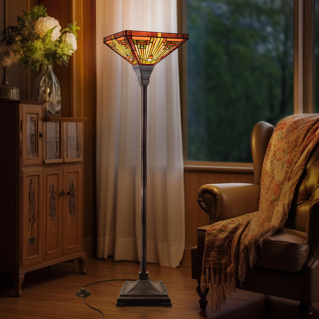 Lamp Antique Amber Brown Stained Glass Torchiere Floor Lamp