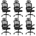 Desk Chairs with Wheels, Ergonomic Mesh Back Home Office Chair with Headrest, Adjustable Lumbar Support Swivel Rolling Computer Chairs with Flip Up Arms for Conference Meeting Room, Black, 6PK