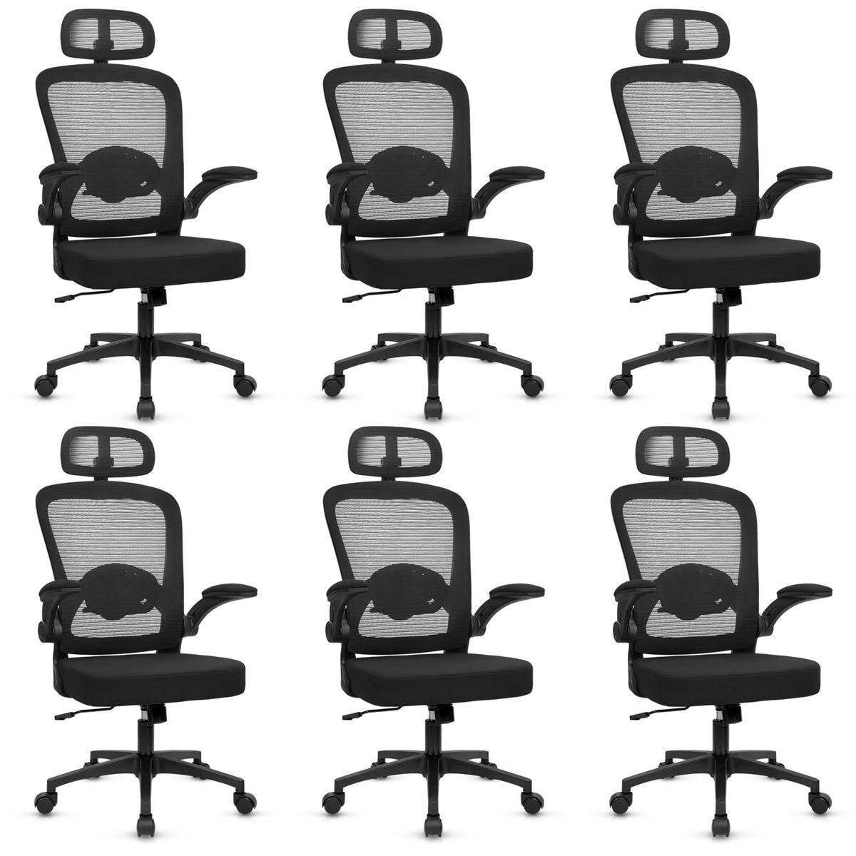 Desk Chairs with Wheels, Ergonomic Mesh Back Home Office Chair with Headrest, Adjustable Lumbar Support Swivel Rolling Computer Chairs with Flip Up Arms for Conference Meeting Room, Black, 6PK
