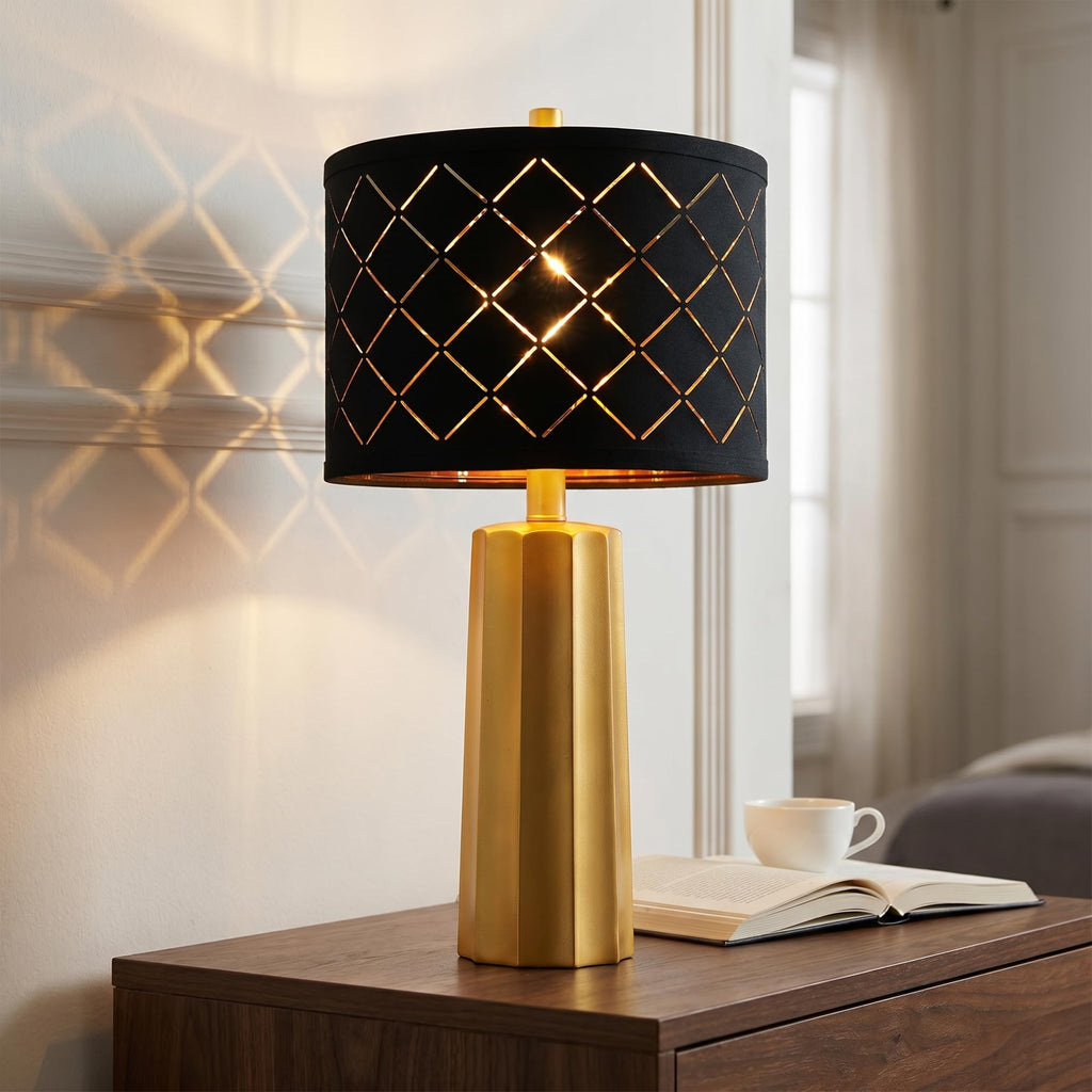 24" Modern Table Lamp for Living Room Bedroom Black Grid Shade
