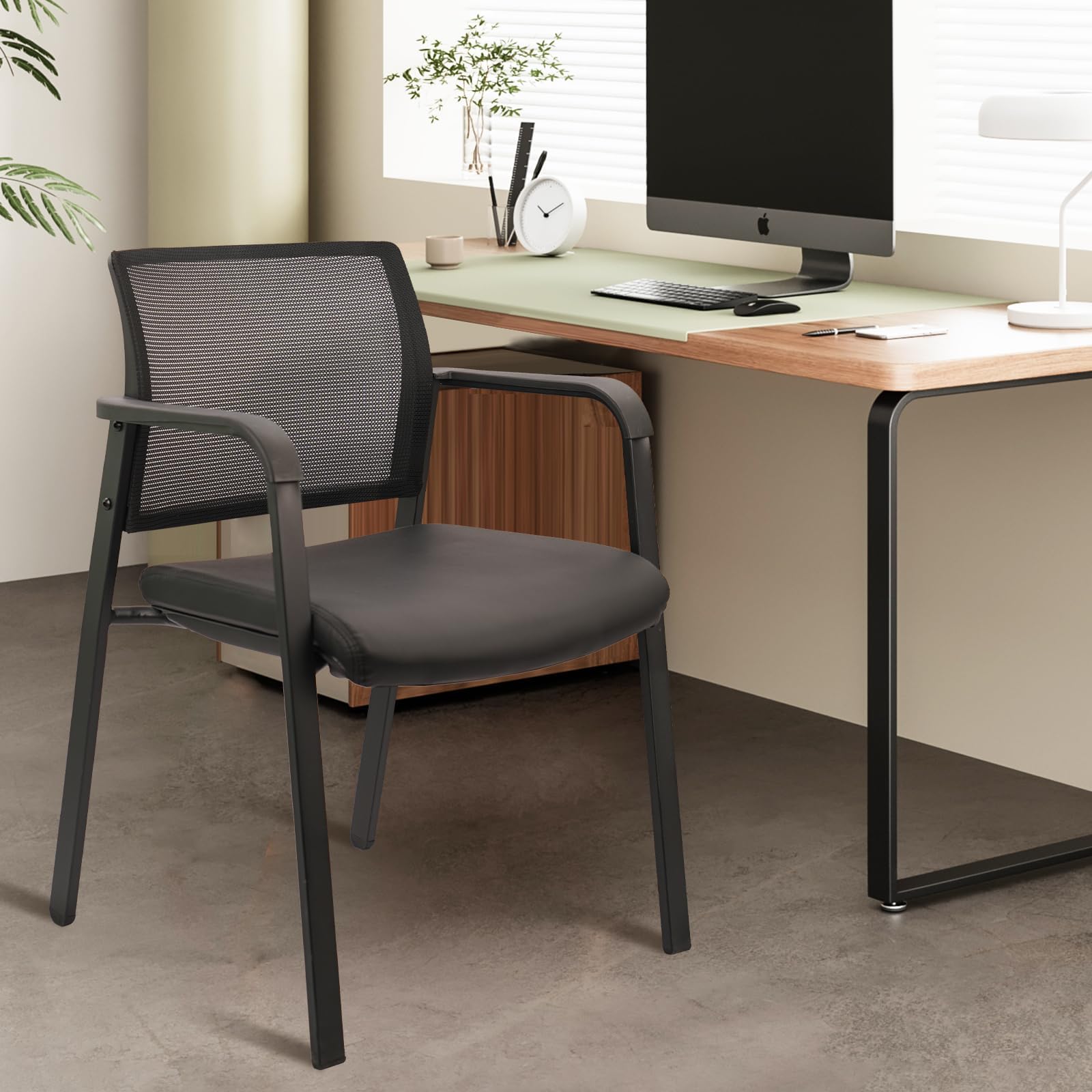 Set of 4, Stackable Office Chair, Mesh Back Guest Chairs with Comfortable Leather Seat Arms Stacking Ergonomic Desk Chair No Wheels for Conference Waiting Reception School Stationary, Black