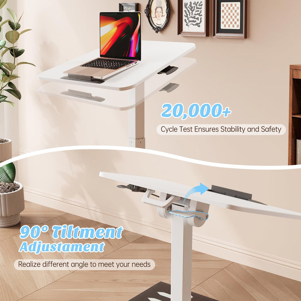 Foldable Mobile Standing Desk, 90 Tiltable Rolling Standing Desk, Height Adjustable Portable Laptop Workstation for Home Office, Easy to Fold, White