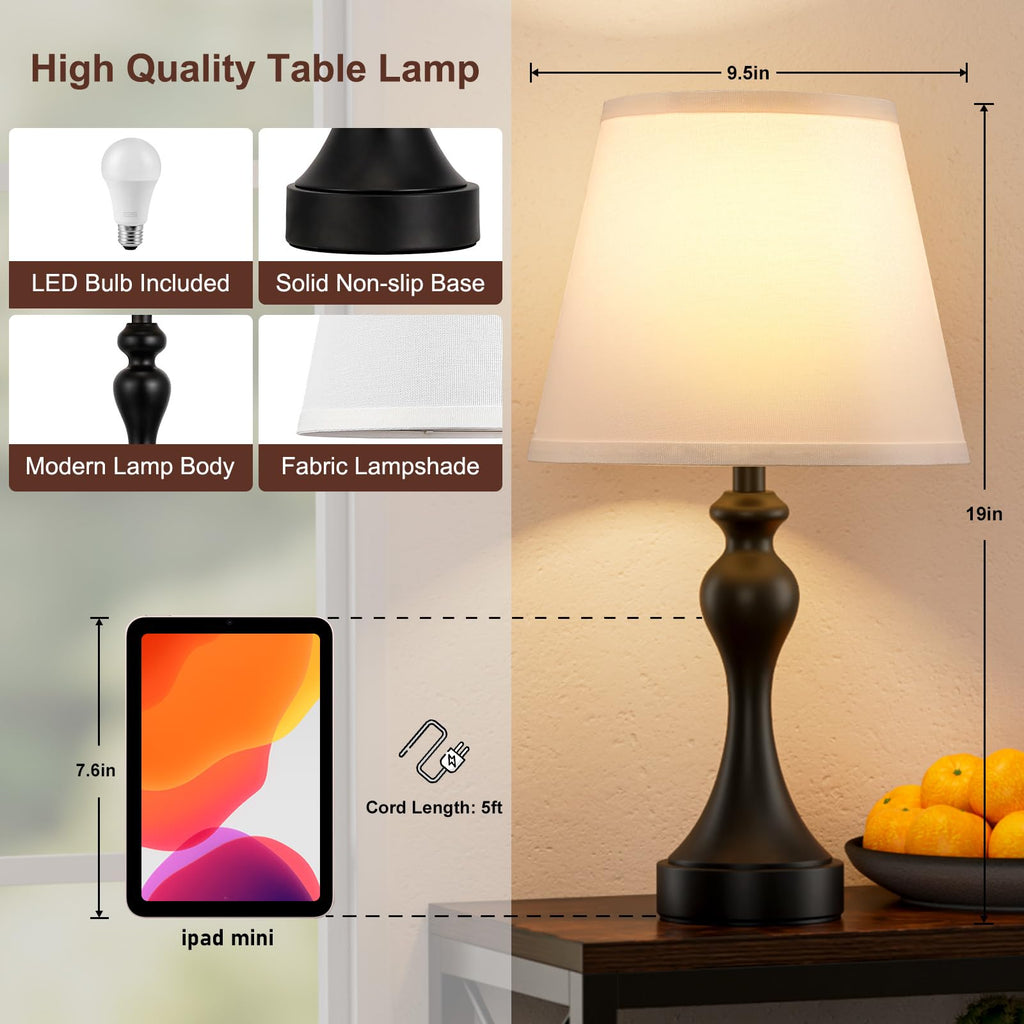 Touch Lamps for Nightstand, 3 Way Dimmable Bedside Lamps with USB C+A Ports