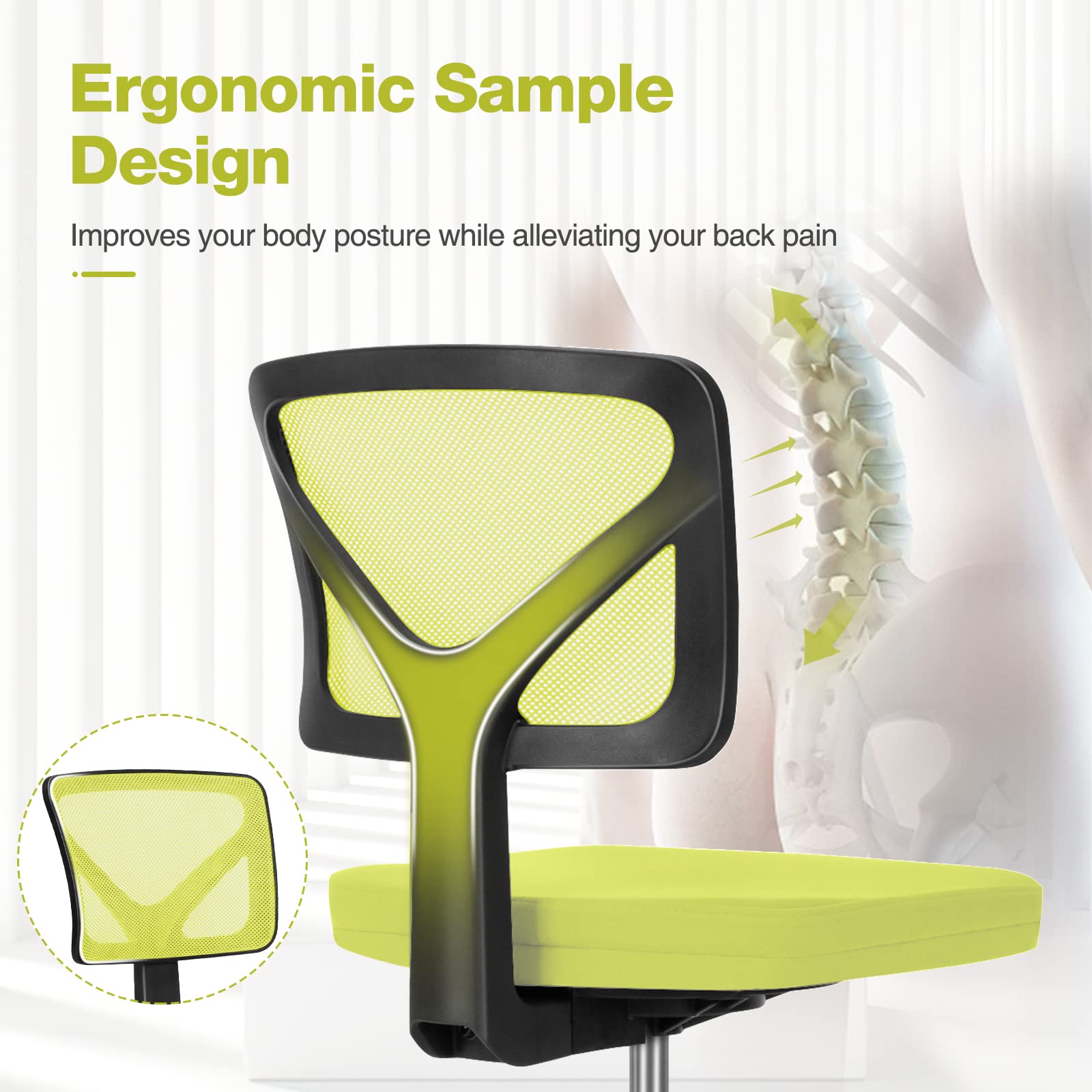 Small Office Chair, Ergonomic Low-Back Mesh Rolling Work Swivel Desk Chairs with Wheels, Armless Comfortable Seat Lumbar Support for Home, Bedroom, Study, Student, Adults, Green