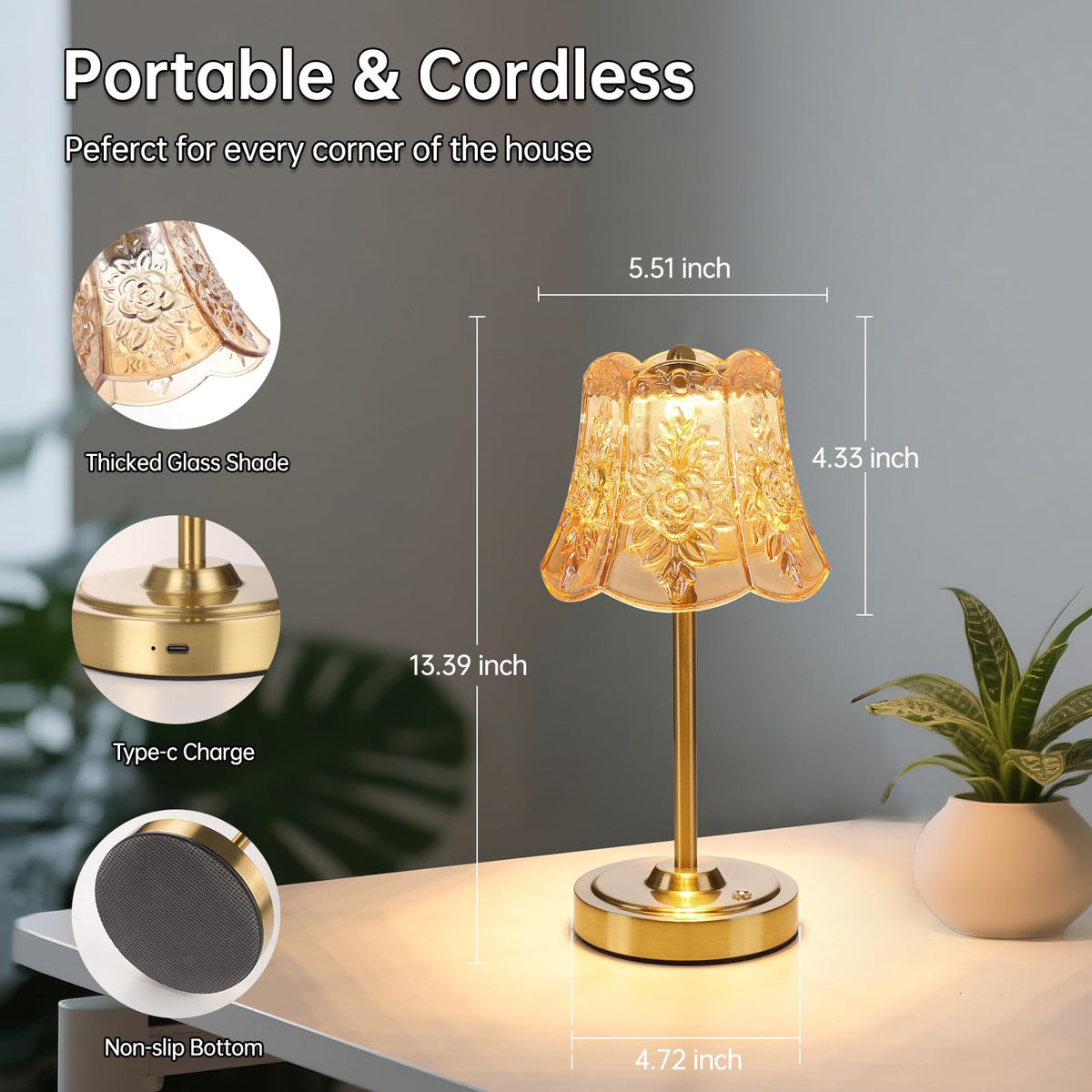 Set of 2 Cordless Touch Table Lamp with 5200mAh Battery - 3 Adjustable Color Temperatures & Dimmable, Rechargeable Lamp for Bedsides, Living Room, Entryway, Bookshelves (Amber Rose)