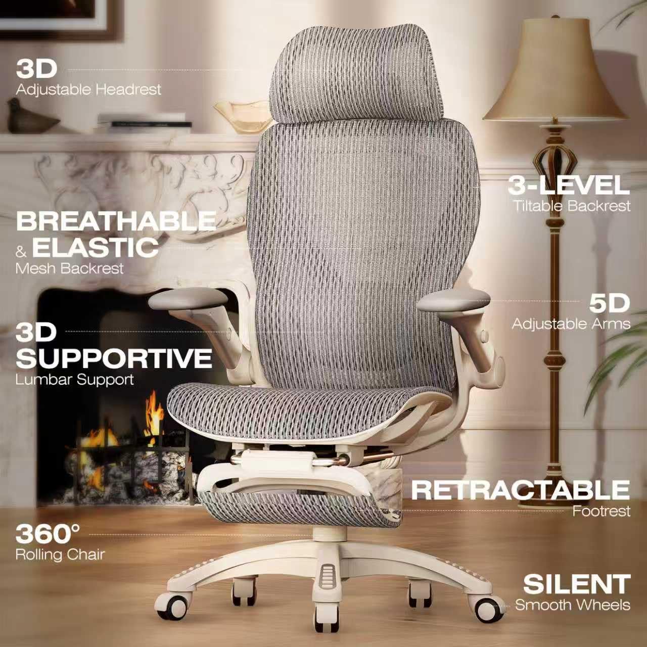 X100 Ergonomic Mesh Office Chair with Footrest, Big and Tall Home Desk Chair with 5D Flip-Up Arms, Adjustable 3D Lumbar Support, Gaming & Executive Computer Chair, First Light