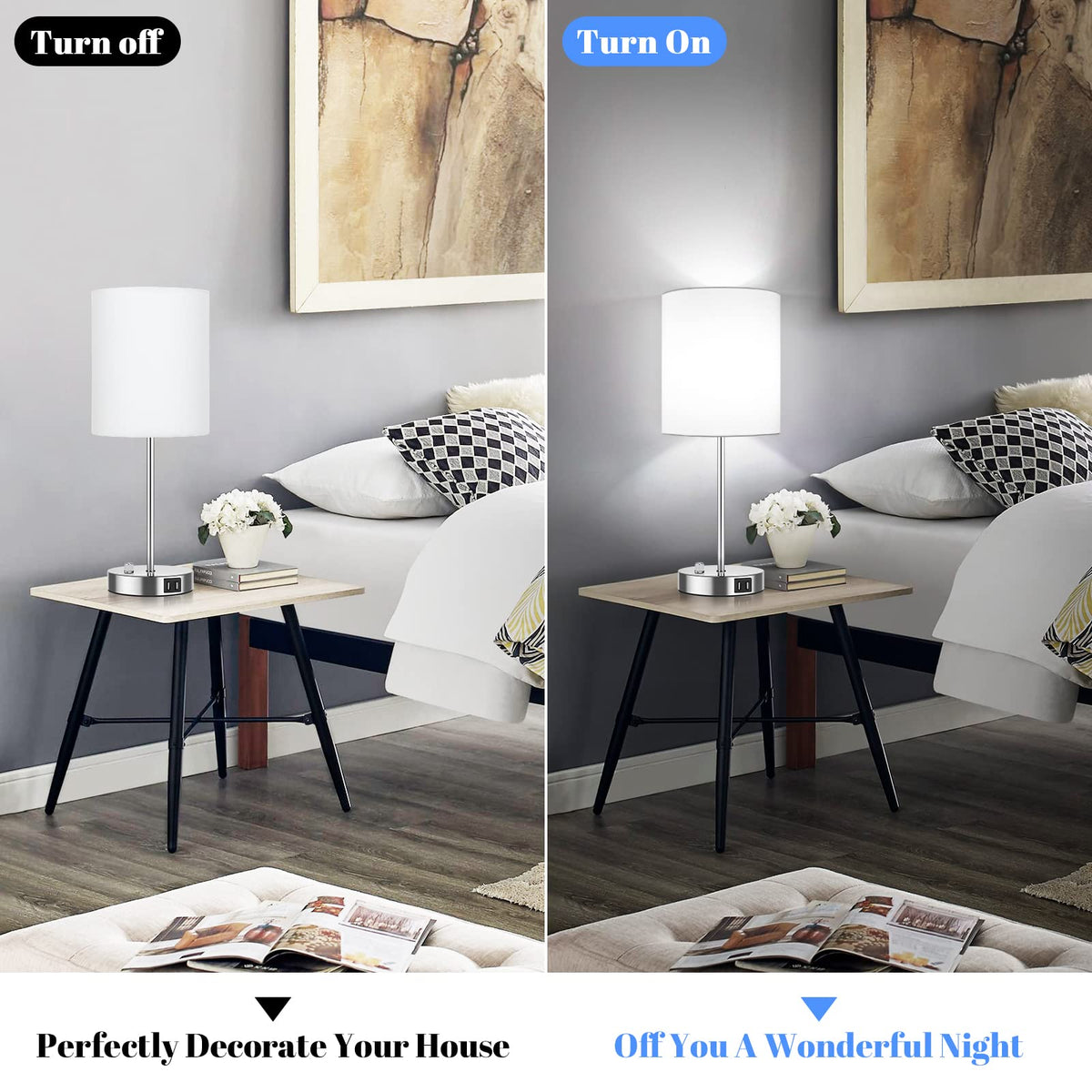 Set of 2 Table Lamps with USB Ports, White Bedside Lamps with AC Outlet