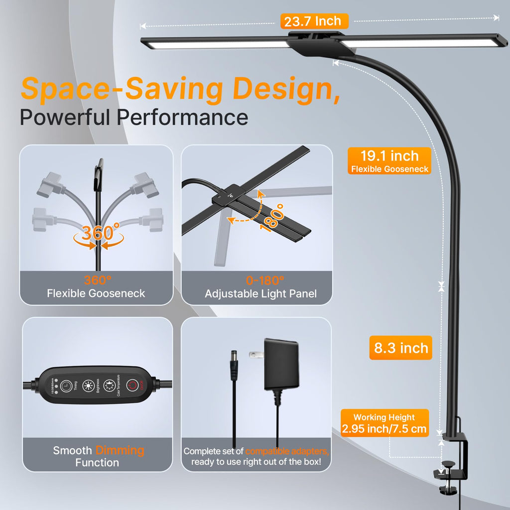 LED Desk Lamp for Office, Architect Desk Lamp with Clamp, Gesture/Wired Control, Ultra Bright Gooseneck Desk Light, Memory & Timer, 50 Lighting Modes for Study, Reading, Crafting