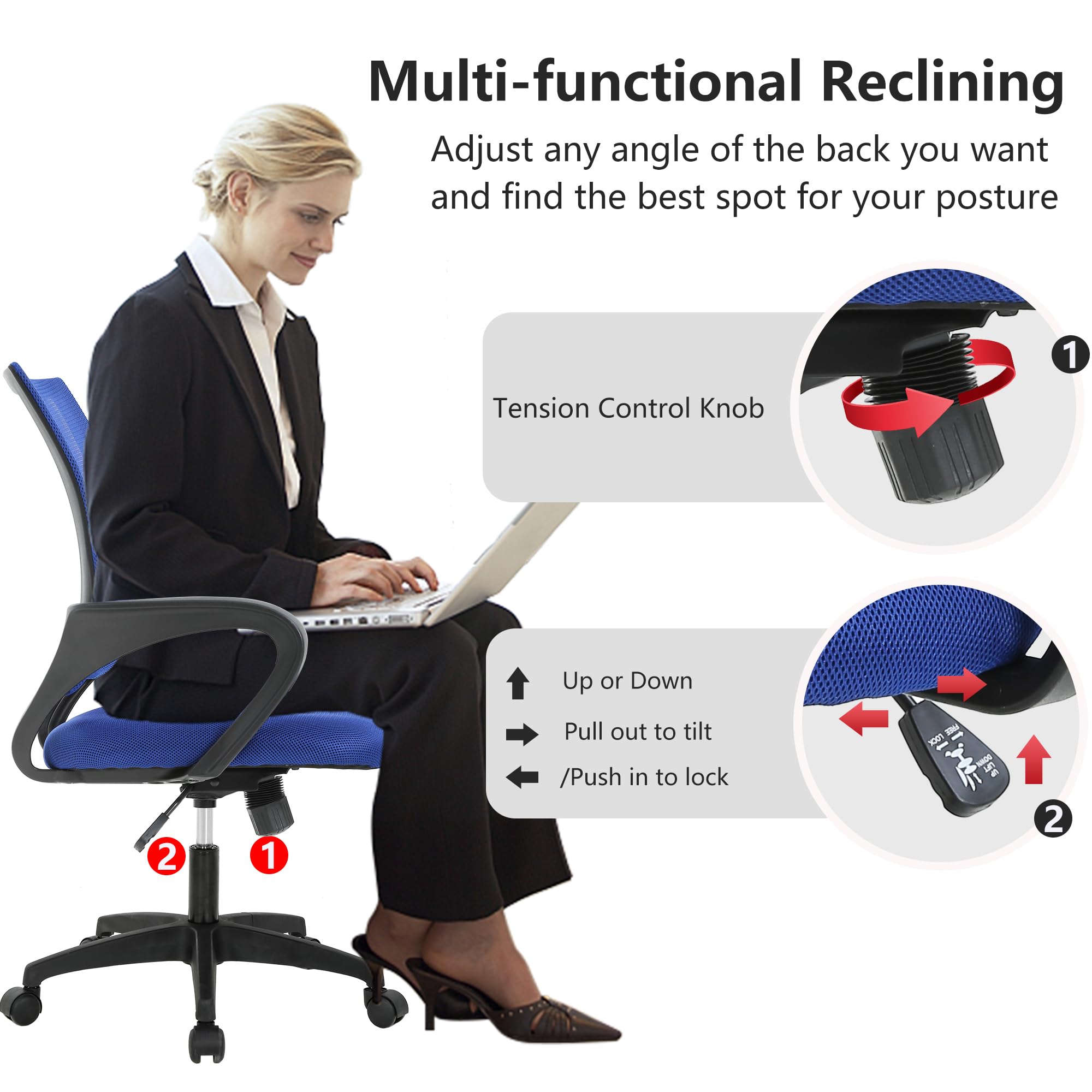 Ergonomic Office Chair | Mid-Back Swivel Desk Chair | Breathable Backrest & Lumbar Support | Adjustable Height | Sponge Seat | Rolling Wheels | Dark Blue | for Adults & Women