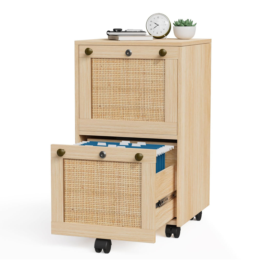 2 Drawer File Cabinet with Lock, Rolling File Cabinets for Home Office, Small Printer Stand, Wood Rattan Oak File Organizer, Under Desk Filing Cabinet on Wheels for Folders with Tabs