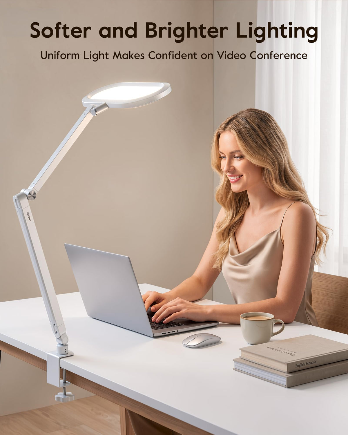 Desk Lamp for Home Office with Clamp for Video Conference, 50 Lighting Modes, Double-Sided Desk Light with Stepless Dimmable Knob Remote, Adjustable Arm Light for Video Recording, Zoom Call