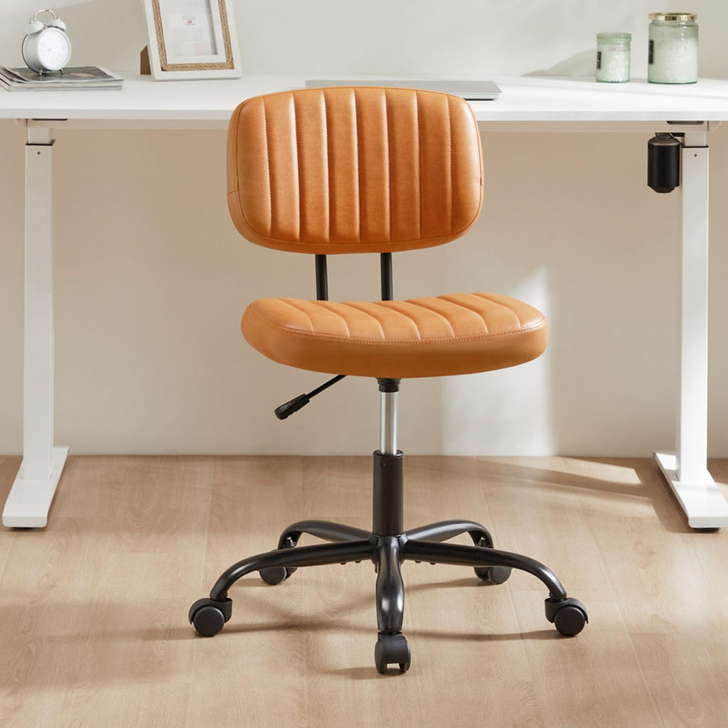Small Office Desk Chair - Armless PU Leather with Comfy Lumbar Support, Height Adjustable Rolling Swivel Task for No Arms, for Adult, Student, Bedroom, Home, Vanity, Brown