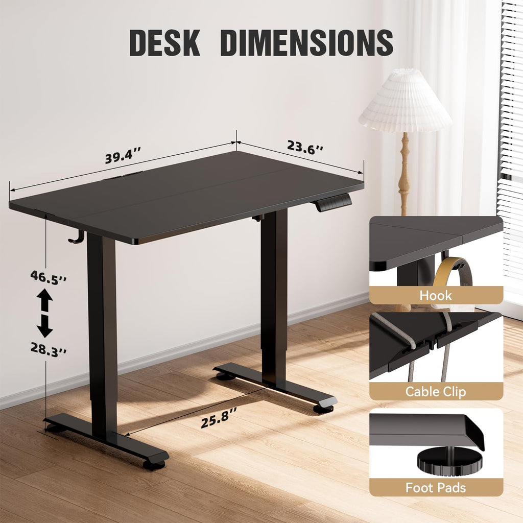 39.4" Small Electric Standing Desk, Adjustable Height Office Desk with Wood Desktop, Computer Table for Home Work, Study and Gaming, Small Spaces, Modern Furniture, Black