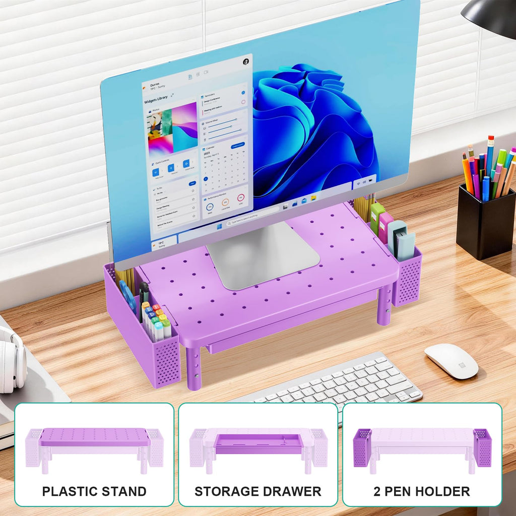 Computer Monitor Stand with Storage, Desk Organizer with Drawer and Pen Holder, Desk Monitor Riser 3 Height Adjustable, Laptop Riser for Laptop, Printer (PTT003-V), 1 Pack, Violet