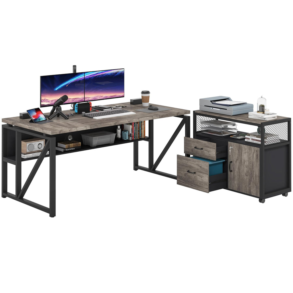 63" Executive Computer Desk and lateral File Cabinet, 2 Piece Home Office Furniture with Drawers for Hanging File, Doors with Locks (Gray, 63 inches)