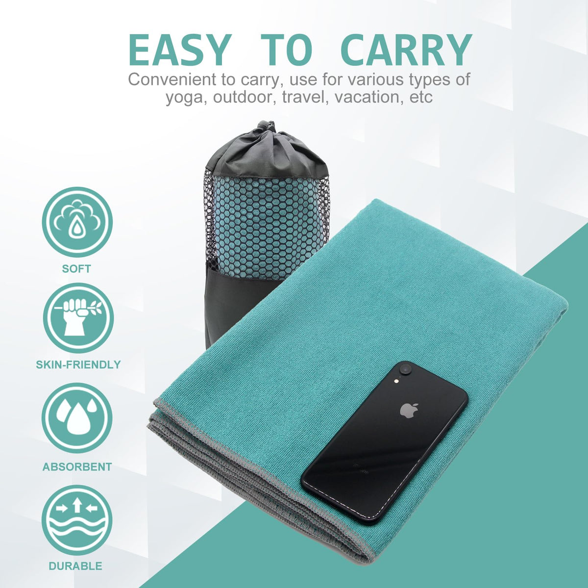 Yoga Towel,Hot Yoga Mat Towel with Grip Dots Sweat Absorbent Non-Slip for Hot Yoga, Pilates and Workout 24" x72", Dark Cyan
