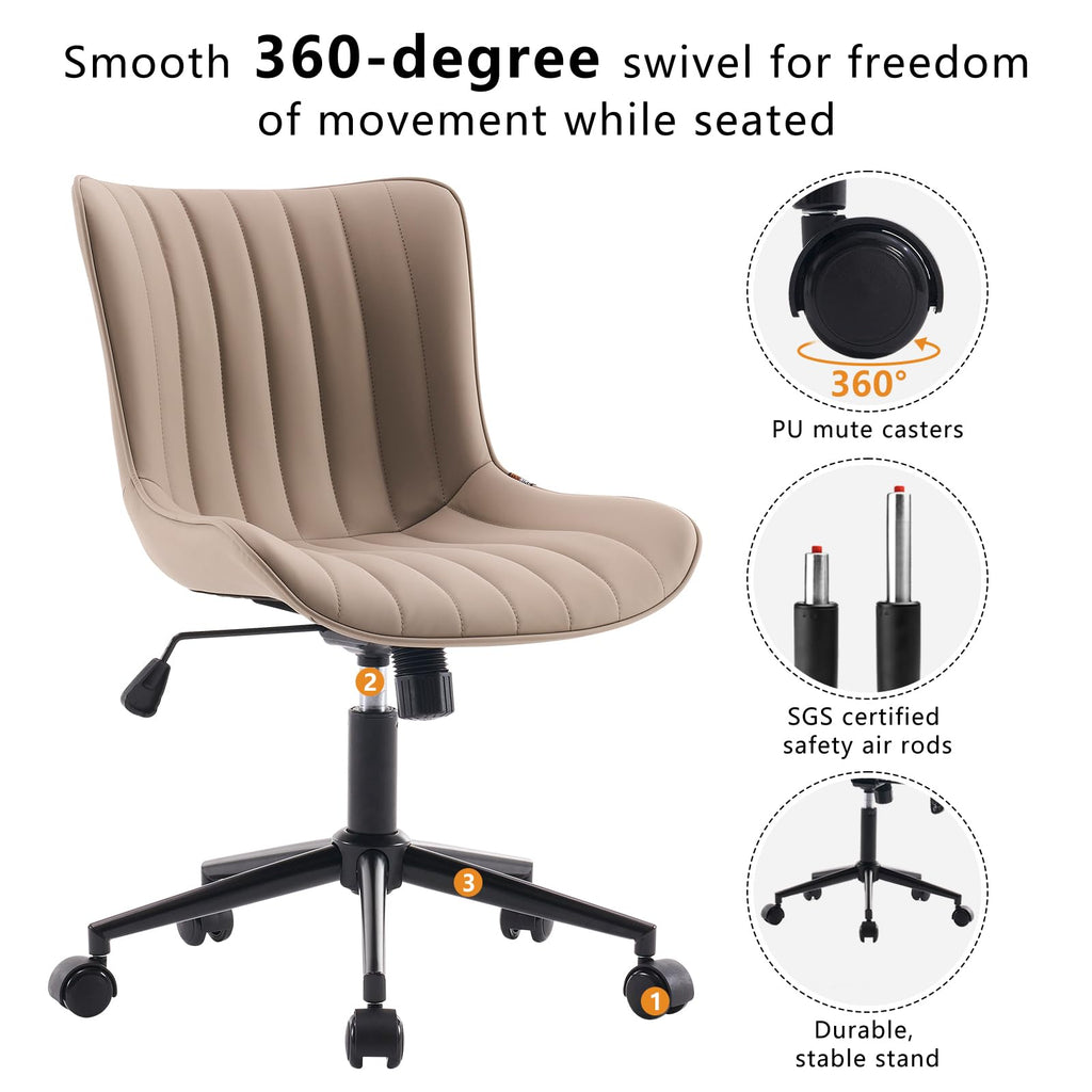Khaki Comfy Home Office Desk Chair with Wheels Armless Vanity Chair with Back Ergonomic Modern Leather Upholstered Rolling Task Chair Small Cute Sewing Chair No Arms Wide Swivel Adjustable