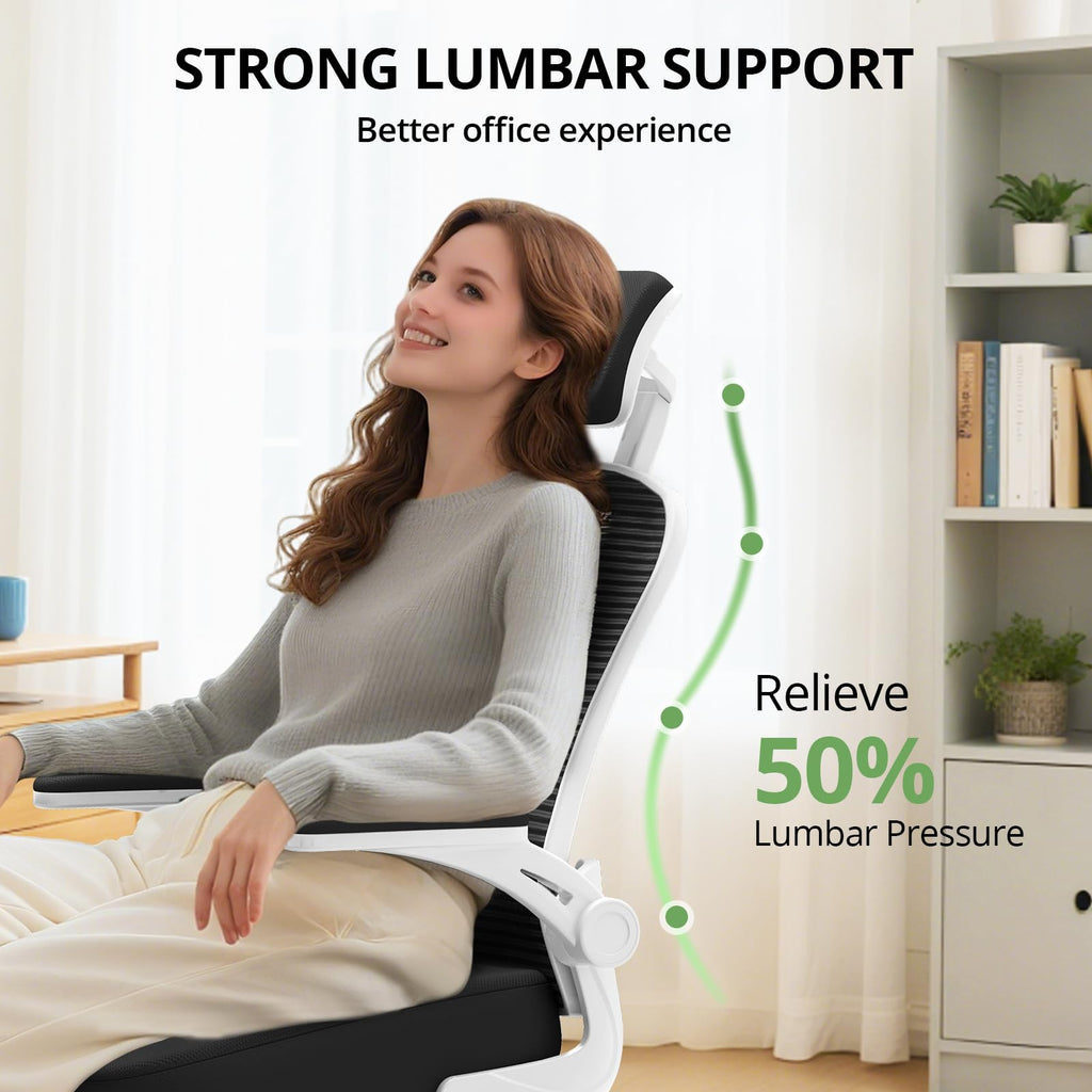 Office Chair Ergonomic Desk Chair, 330LBS Capacity, High Back Computer Design for Long Hours Comfort, Rolling Swivel Executive Task for Home Office with Flip-up Armrests(White Black)