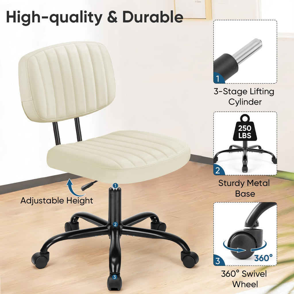 Armless Office Chair: Small Desk Chair with Low Back Lumbar Support, Height Adjustable PU Leather Computer Task with 360° Swivel Wheels, for Adults, Beige