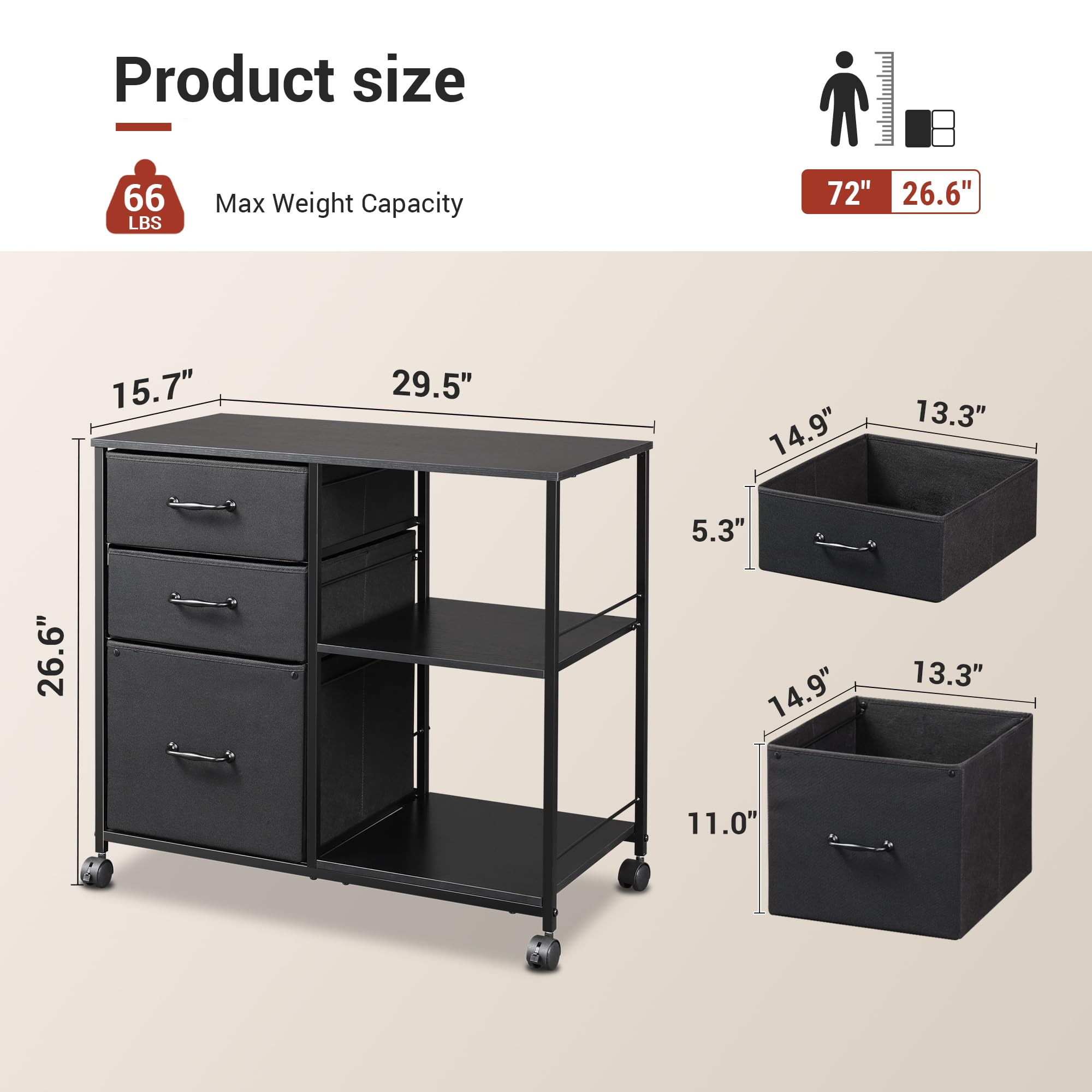 3 Drawer Mobile File Cabinet with Open Storage Shelf
