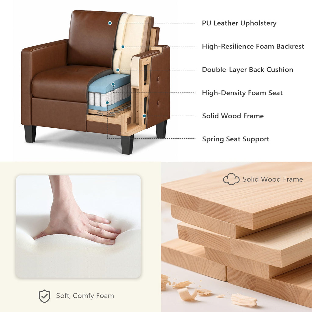 Accent Chair, Brown Leather Chair, Mid-Century Modern Living Room Chairs, Cozy Office Reading Chair with Tufted Seat and Armrest, Reception Armchairs for Bedroom, Waiting Room