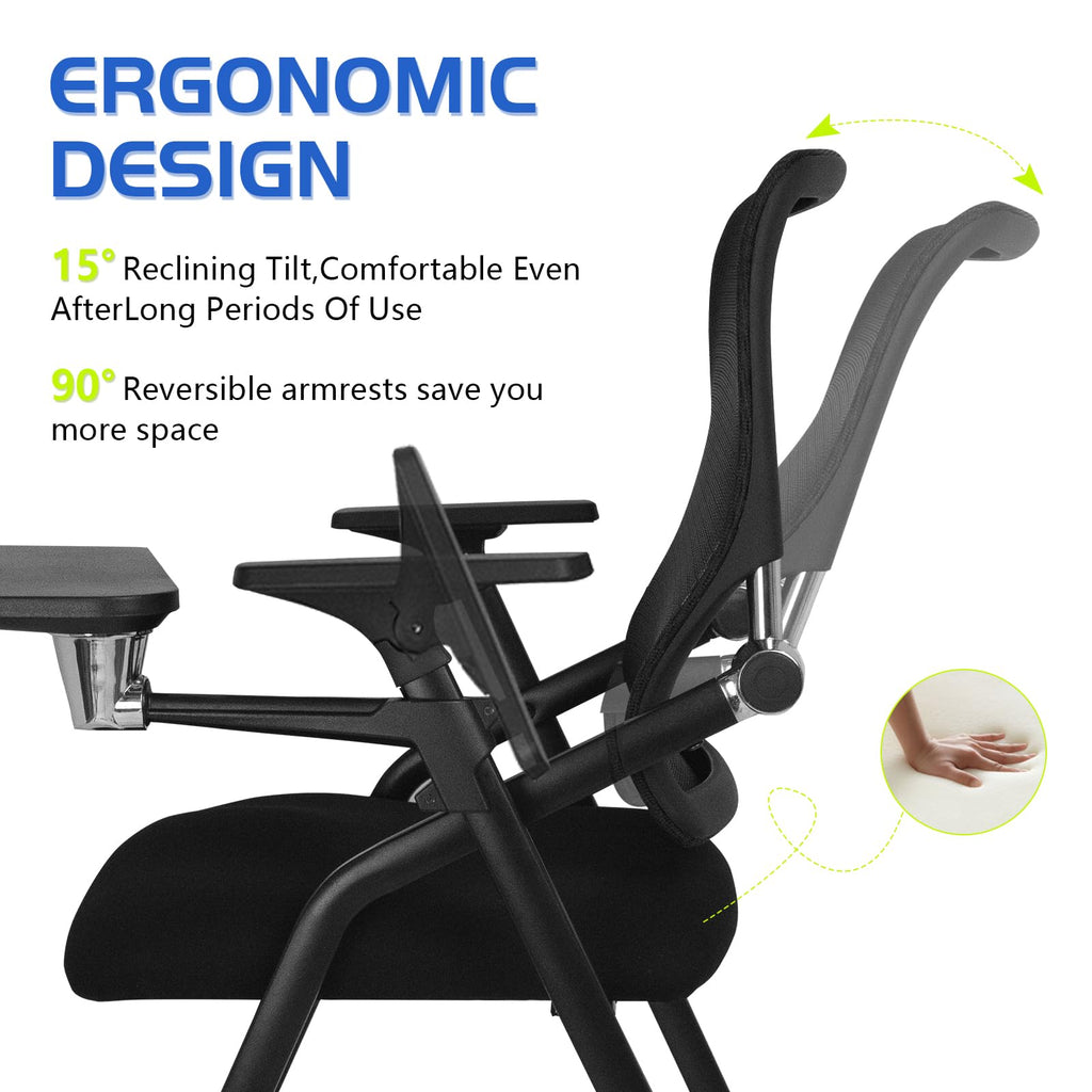 Updated Conference Room Chairs with Tablet Arm, Folding Office Desk Chair with Lumbar Support and Sliding Armrest with Casters, Stackable Office Guest Chairs & Reception Chairs, 1 Pack Black