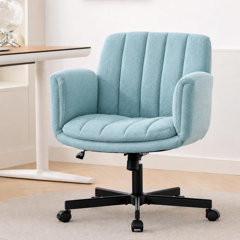 Criss Cross Office Chair with Wheels and Arms, Vanity Chair with Back, Comfy Swivel Cross Legged Office Chairs for Ultimate Comfort and Support, Unique Multifunctional Stylish Arms (Fabric Green)