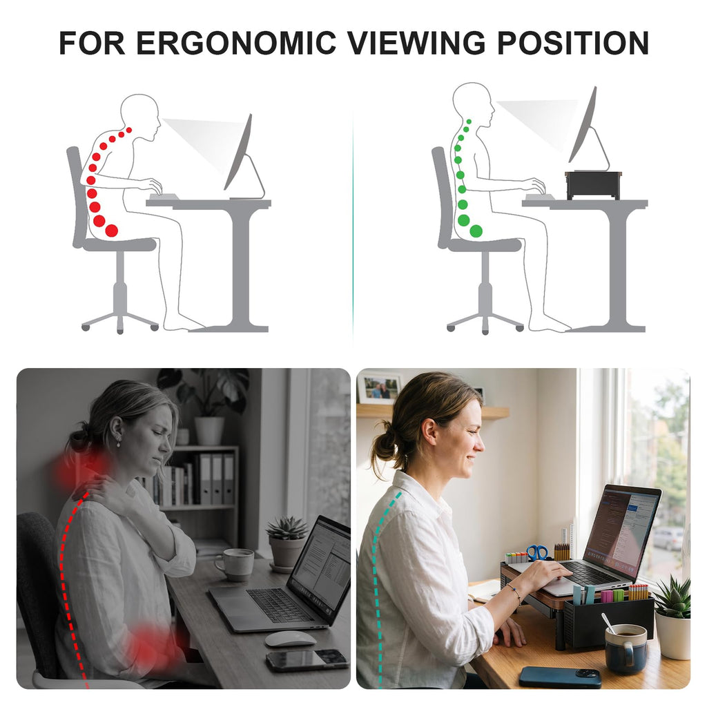 Plastic Computer Monitor Stand with Storage, Desk Organizer with Drawer and Pen Holder, Desk Monitor Riser 3 Height Adjustable, Laptop Riser for Computer, Laptop, Printer(PTT003-C), 1 Pack, Brown