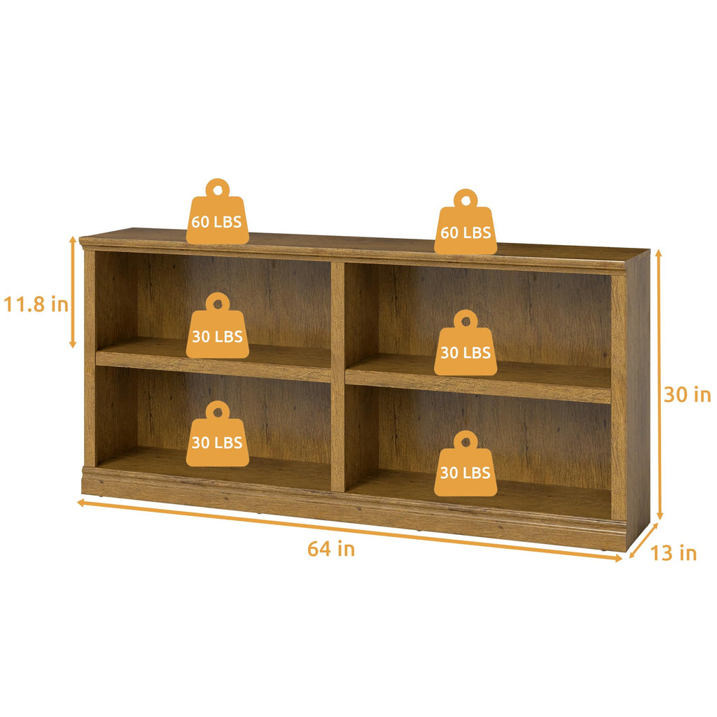 64" W Double Wide Open Shelf Bookcase, 2 Tiers 4 Storage Cube Book Case