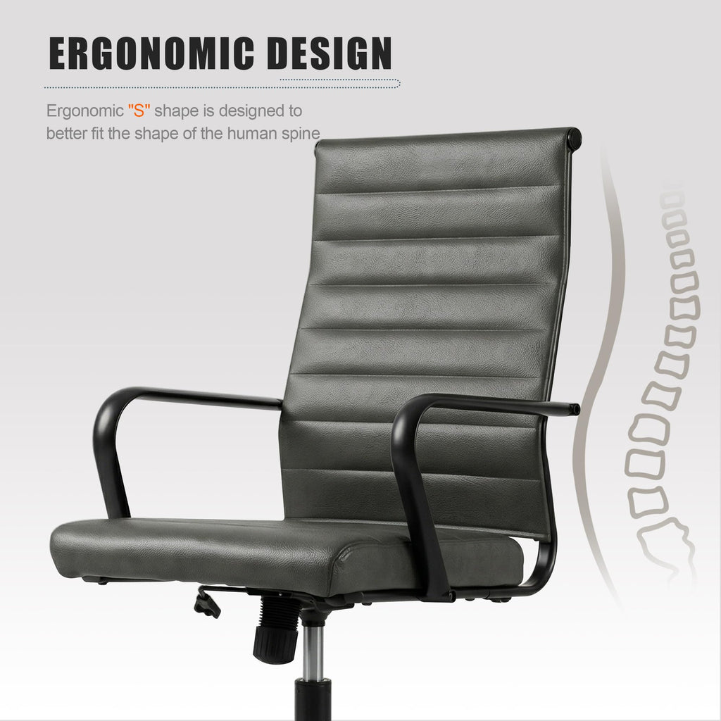 Genuine Leather Office Desk Chair, Mid-Century Modern Real Leather Conference Room Chairs, Ergonomic Executive Ribbed Height Adjustable Swivel Rolling Chair for Home Office.