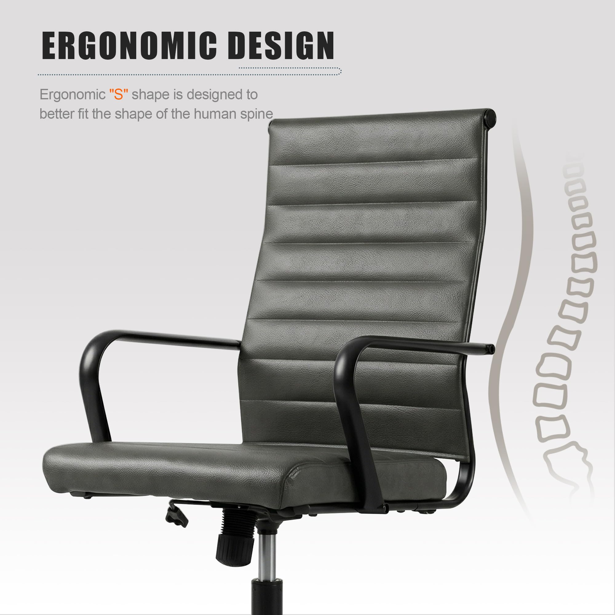 Genuine Leather Office Desk Chair, Mid-Century Modern Real Leather Conference Room Chairs, Ergonomic Executive Ribbed Height Adjustable Swivel Rolling Chair for Home Office.