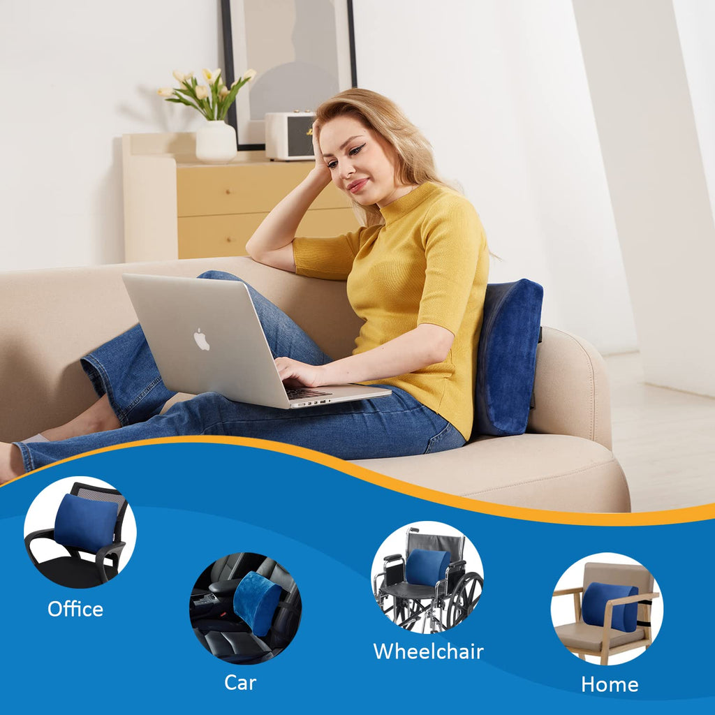 Office Chair Lumbar Pillow, Memory Foam Back Support Pillows for Car、Gaming Chair、 Home Chair, Fatigue Relief Correct Posture, Double Adjustable Straps(Navy Blue)