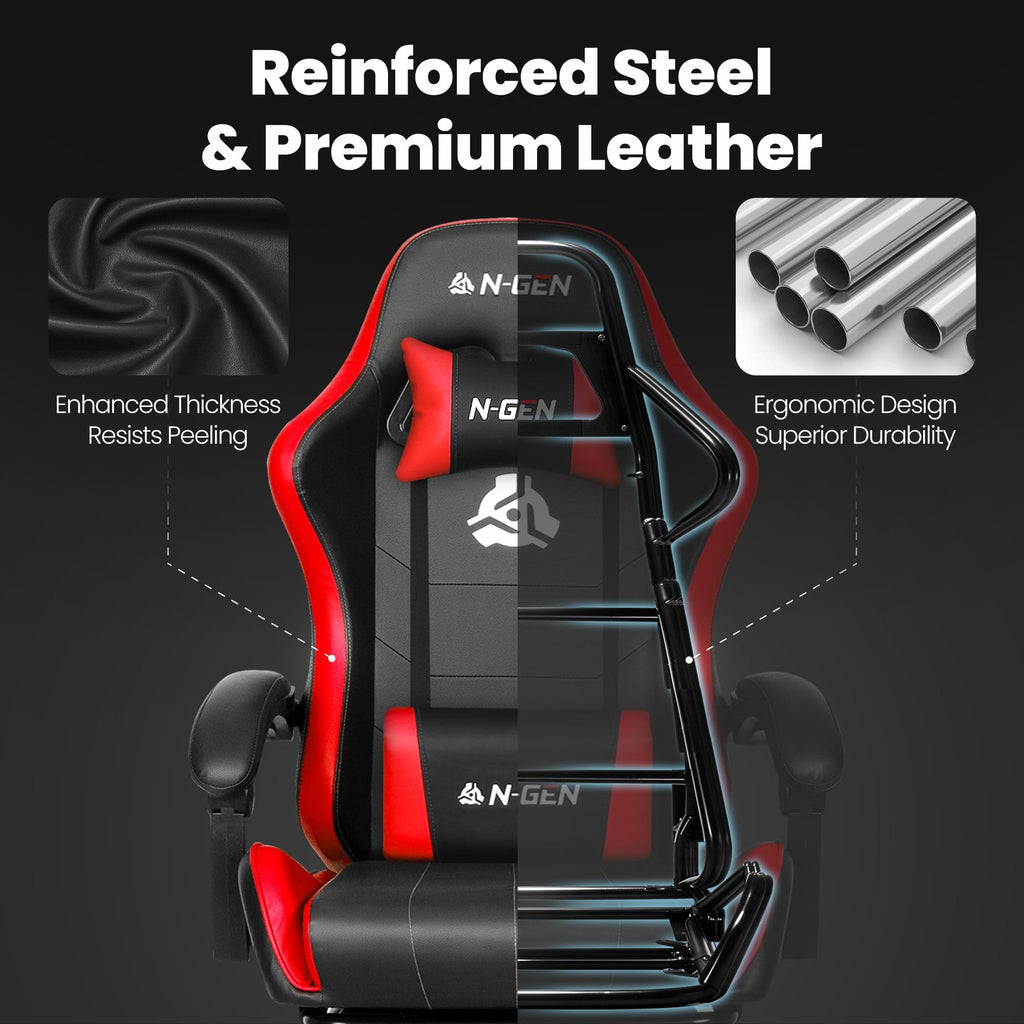 Gaming Chair with Footrest Lumbar Support for Home Office High Back Recliner Height Adjustable Ergonomic Comfy Leather Computer Desk Chair (Red)