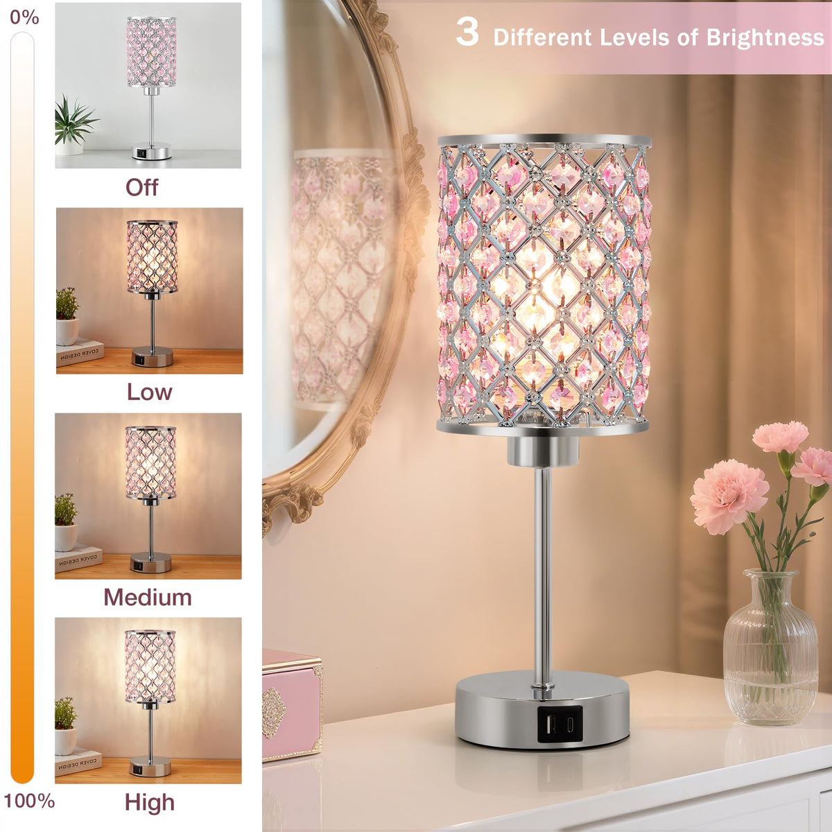 Pink Crystal Bedside Table Lamps Set of 2 with USB C+A Ports