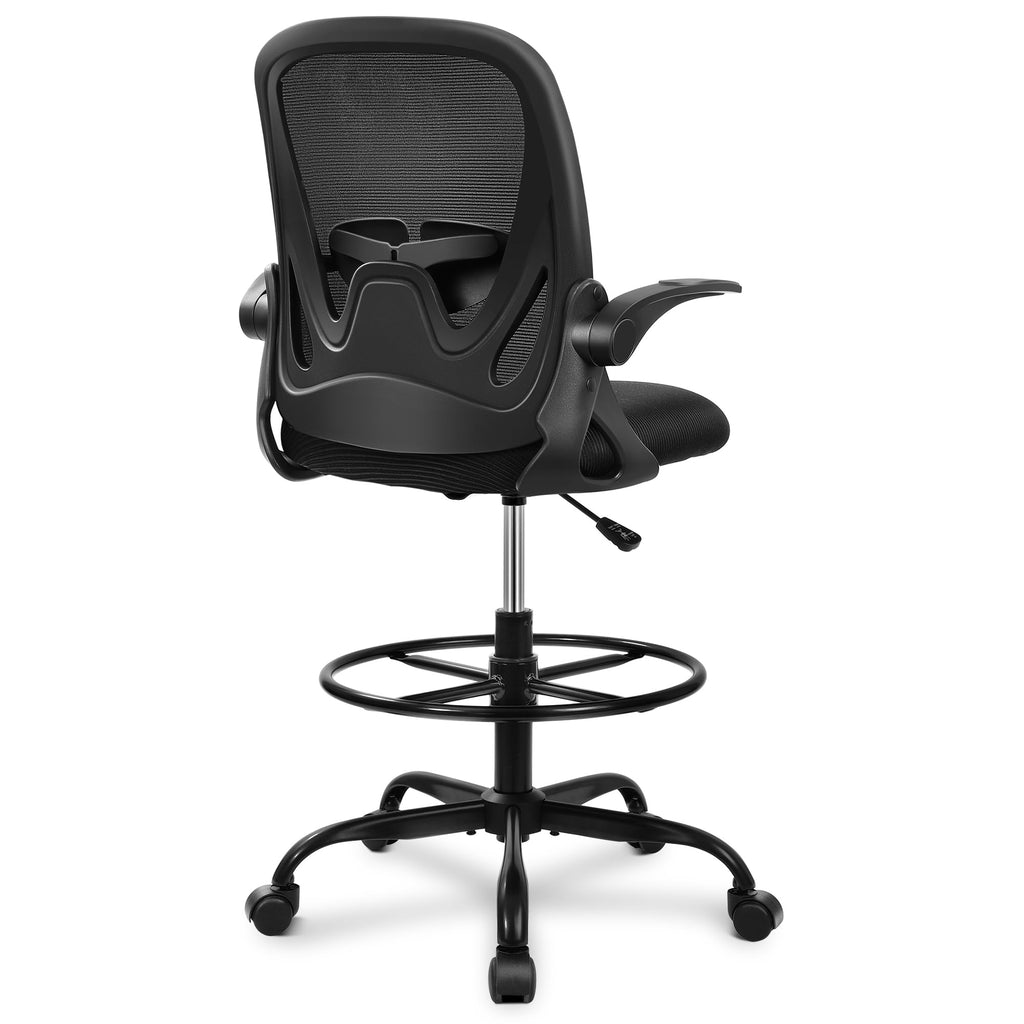 Drafting Chair Tall Office Chair with Flip-up Armrests Executive Ergonomic Computer Standing Desk Chair with Lumbar Support and Adjustable Footrest Ring (Black)