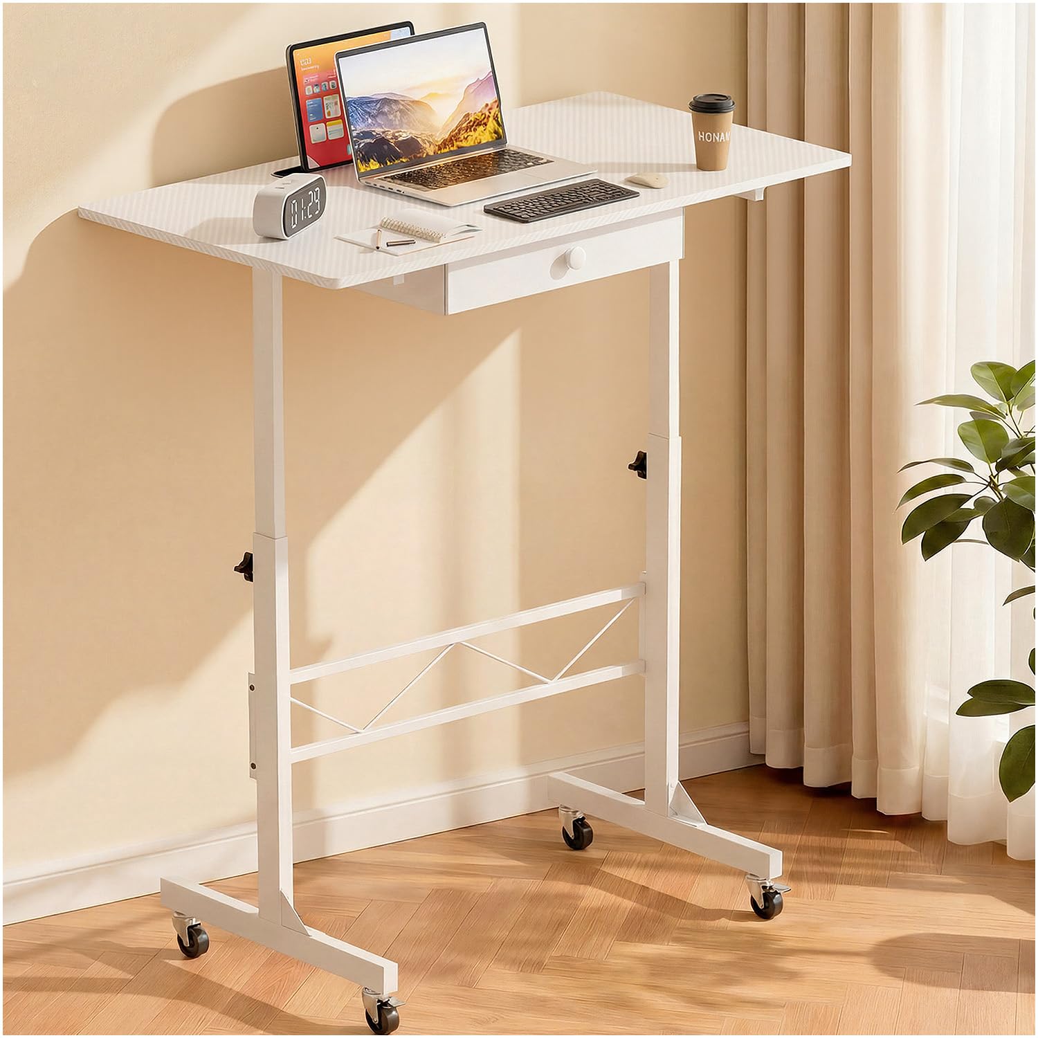 Portable Standing Desk Adjustable Height 30.7"-46.4", Standing Desk with Drawers, Mobile Rolling Computer Desk for Home Office Work and Walking Pad Treadmill, Carbon Fiber White