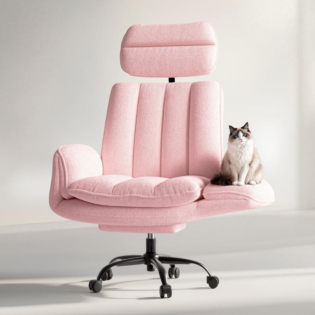 Criss Cross Office Chair with Armrests & Wheels, Comfy Velvet Vanity Chair, Ergonomic Executive Gaming Computer Chairs with Foot Rest, Wide Seat Reclining Desk Chair, Pink