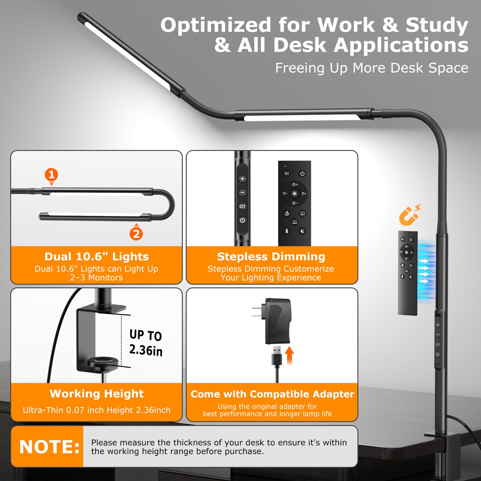 LED Desk Lamp for Home Office, Eye-Caring Desk Light with Adjustable Gooseneck, Dual Screen Computer Monitor Light with Stepless Dimming, Stepless Color Temp, Memory Function for Study, Workbench