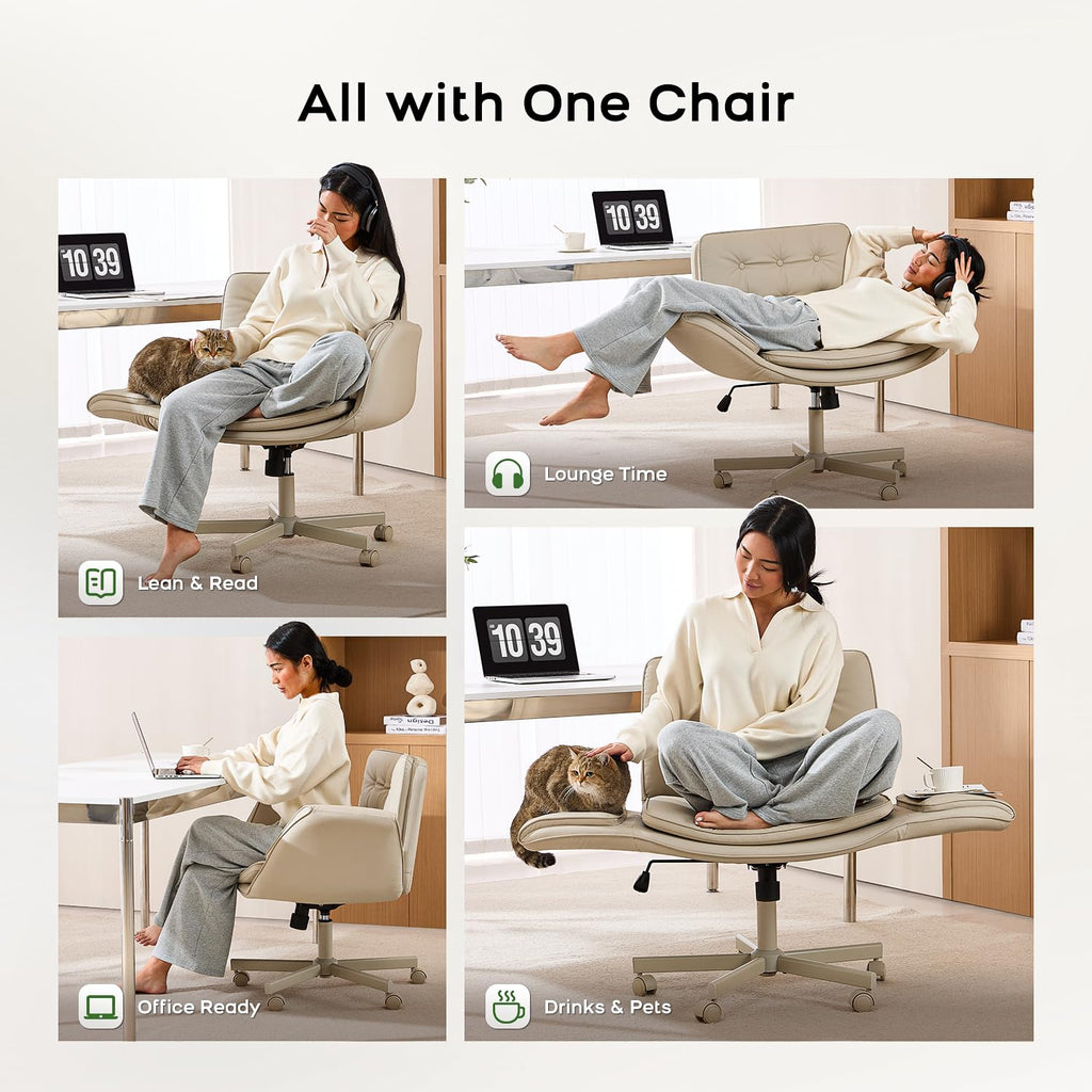 Criss Cross Office Chair, PU Leather Vanity Chair with 5-Level Adjustable Armrests & Swivel, Ergonomic Criss Cross Chair for Home Office Bedroom Makeup（Cream）