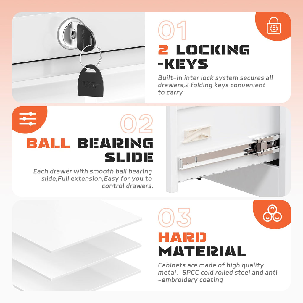 Lateral File Cabinet 2 Drawer, White Metal File Cabinets for Home Office, Locking File Cabinet for Letter/Legal/F4/A4 Size Hanging Files, Easy Assembly