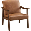 PU Leather Accent Chair, Mid-Century Modern Armchair with Solid Wood Legs, Reading Leisure Chair with High Back for Living Room Bedroom Waiting Room, Brown